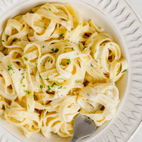 A white plate of fettuccine alfredo