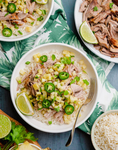 A delicious bowl of kalua pork with pineapple salsa