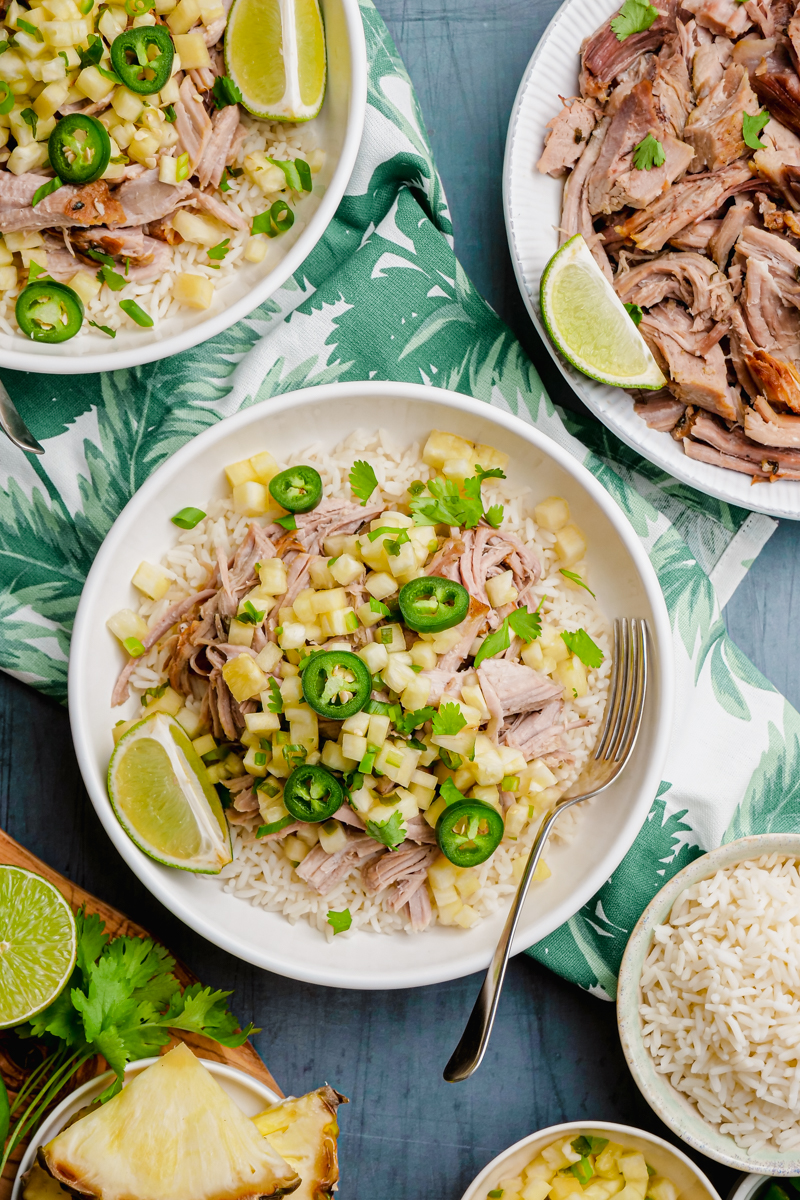 A delicious bowl of kalua pork with pineapple salsa