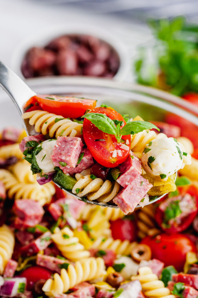 A bite of antipasto pasta salad