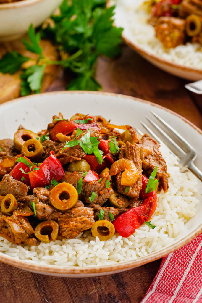 White plate topped with rice and ropa vieja, with a fork on the side. Garnish in background. 