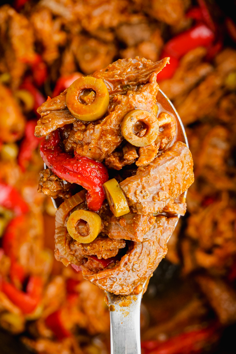 A wooden spoon with ropa vieja on it.