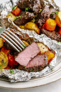 steak and potato foil pack with fork
