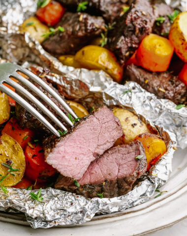 steak and potato foil pack with fork