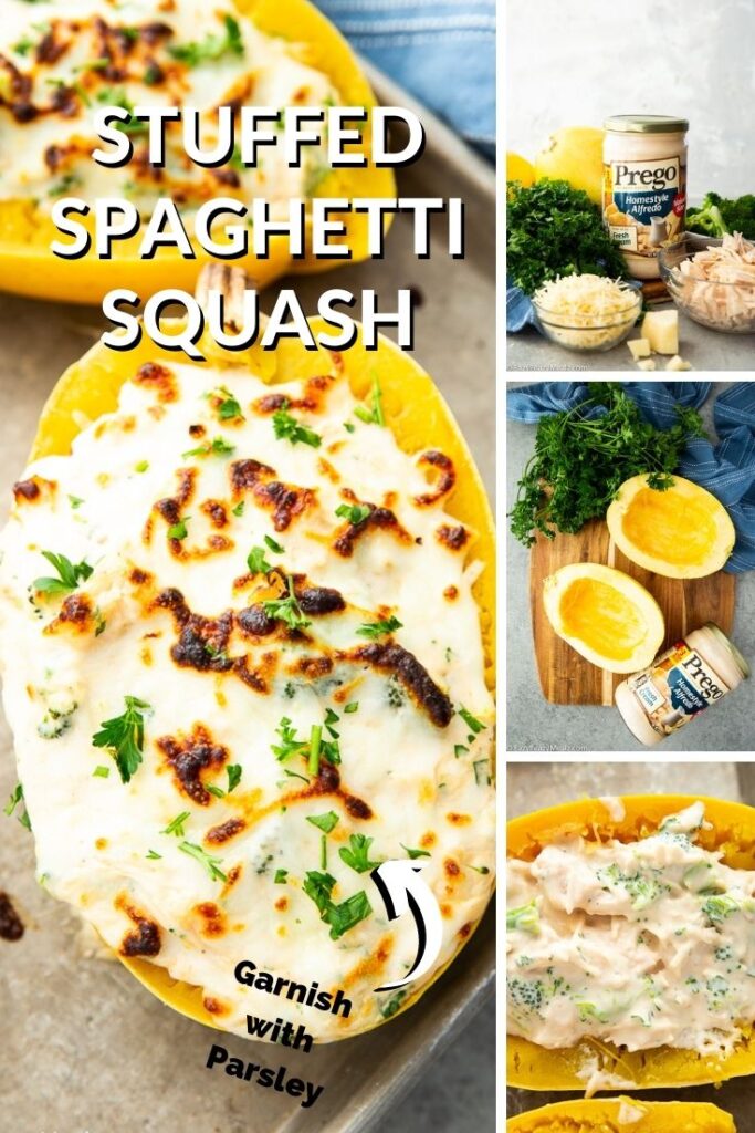 Stuffed spaghetti squash with a broccoli chicken alfredo filling that is to die for! 