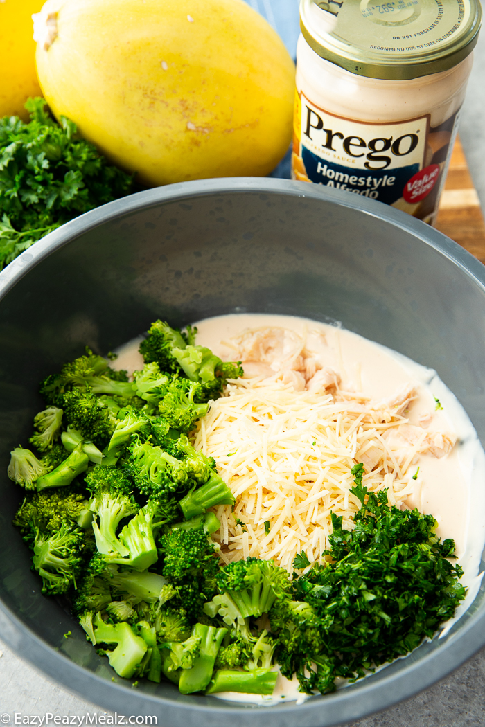 Broccoli Chicken Alfredo Stuffed Spaghetti Squash - Easy Peasy Meals