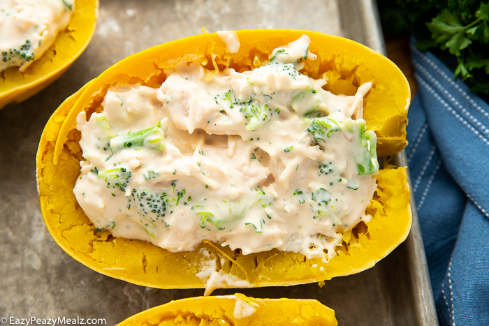 A cooked spaghetti squash with the broccoli chicken alfredo filling.