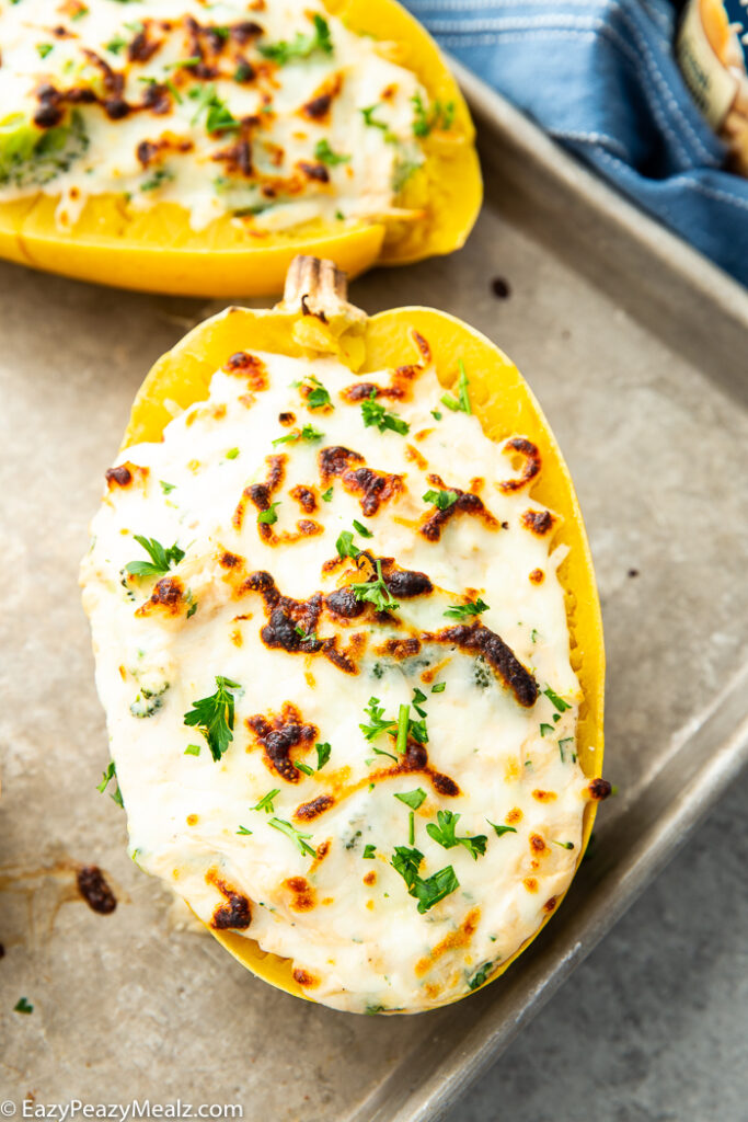 Broccoli chicken alfredo stuffed spaghetti squash on a baking sheet, garnished with parsley