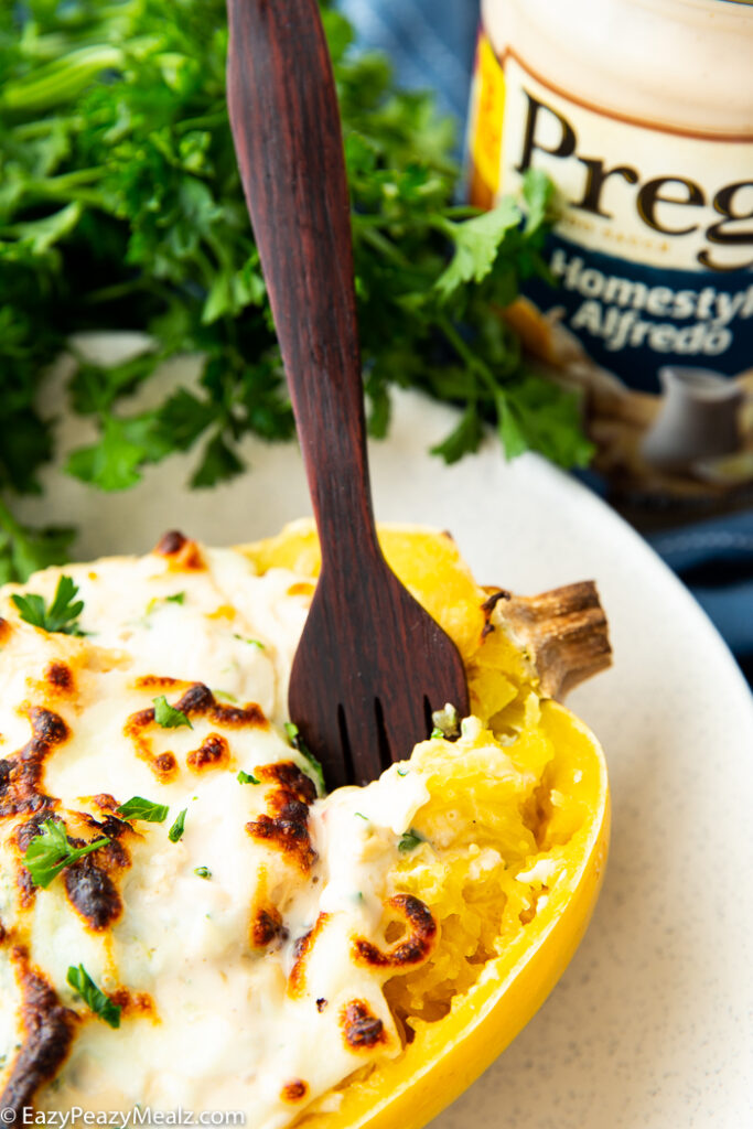 A white plate with a spaghetti squash on it stuffed with chicken, alfredo, and broccoli. Fork sticking out of it, with parsley garnish and jarred sauce behind it. 