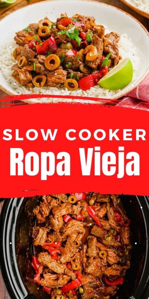 A pin image for ropa vieja, two photos text in between. 