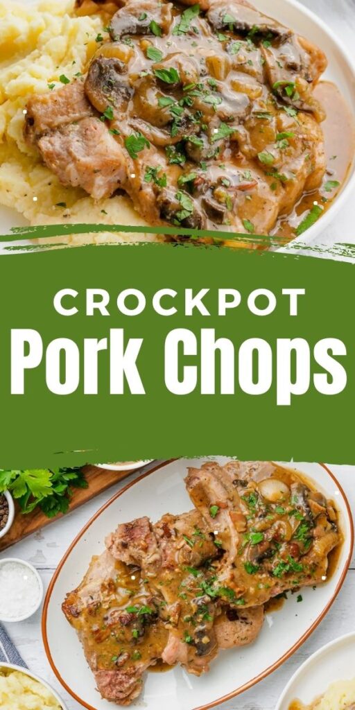 Smothered pork chops cooked in the crock pot for the most tender, delicious meal ever.