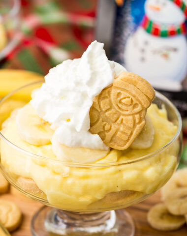 Holiday banana pudding with festive walkers shortbread cookies