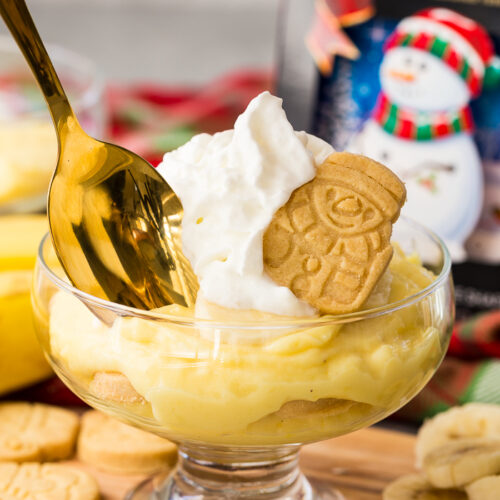 Eggnog banana pudding with Walker's shortbread santa cookie