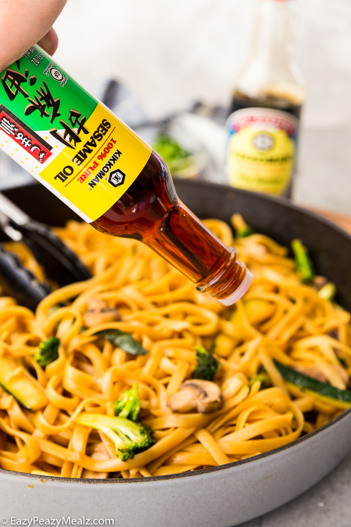 sesame oil on top of hibachi noodles