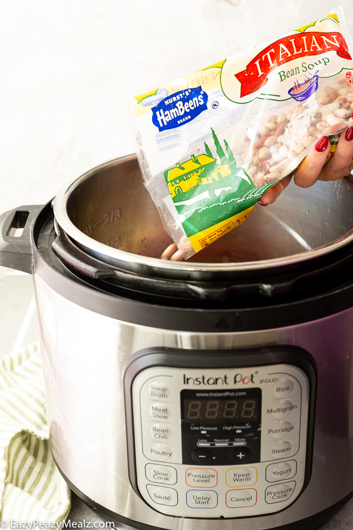 Adding Hurst Ham Beens Italian Bean Mix to instant pot