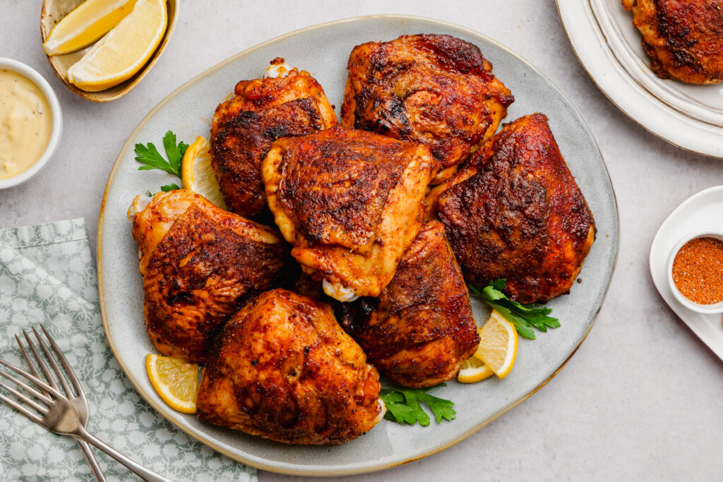 A platter of oven roasted chicken thighs with a bbq style rub