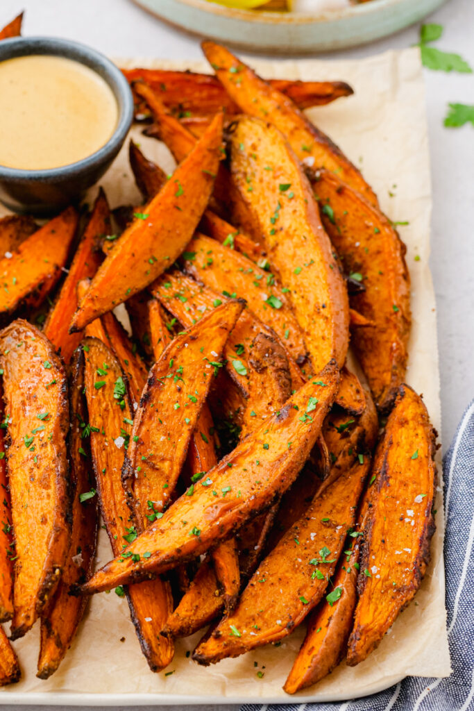 Roasted sweet potato fries that are cooked in the oven!