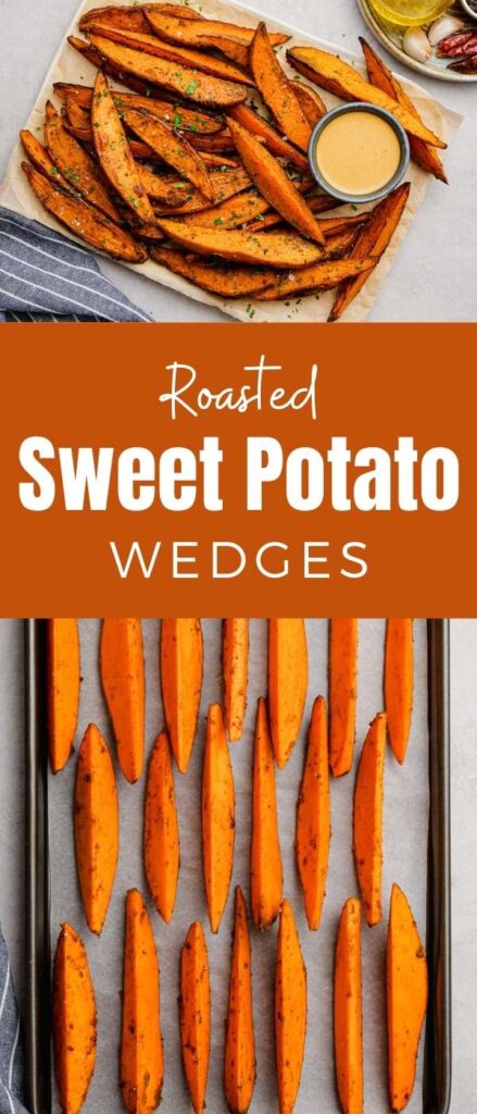 Roasted sweet potato wedges, cooked in the oven, lightly seasoned, and totally delicious. 