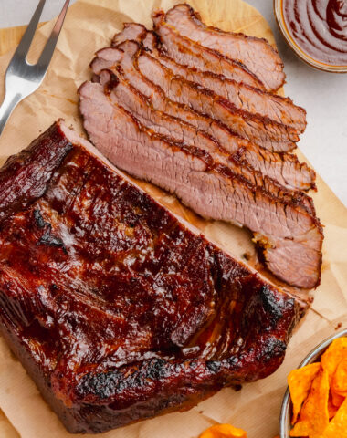 Oven brisket, with a delicious bbq sauce, a nice spice rub, and cooked in the oven with bacon.