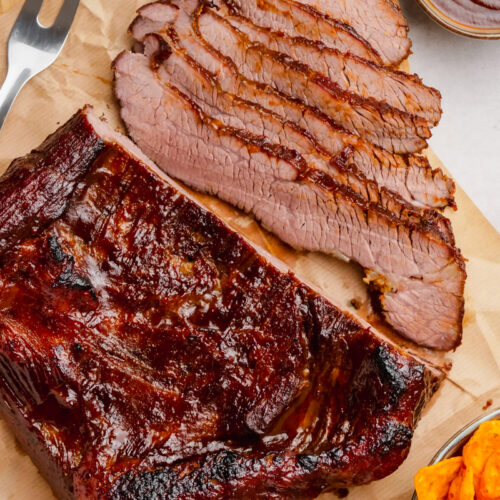 Oven brisket, with a delicious bbq sauce, a nice spice rub, and cooked in the oven with bacon.