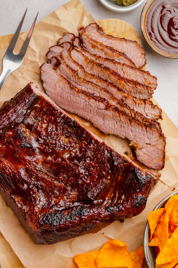 Oven brisket, with a delicious bbq sauce, a nice spice rub, and cooked in the oven with bacon. 