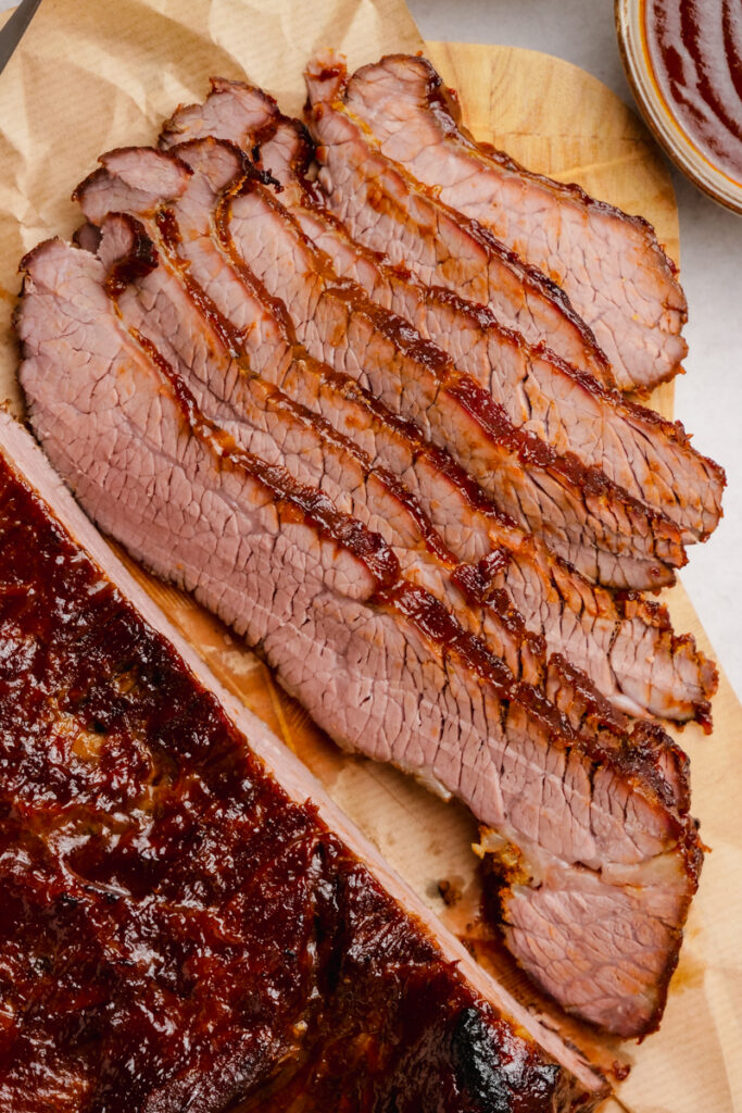 Oven baked bbq brisket, sliced