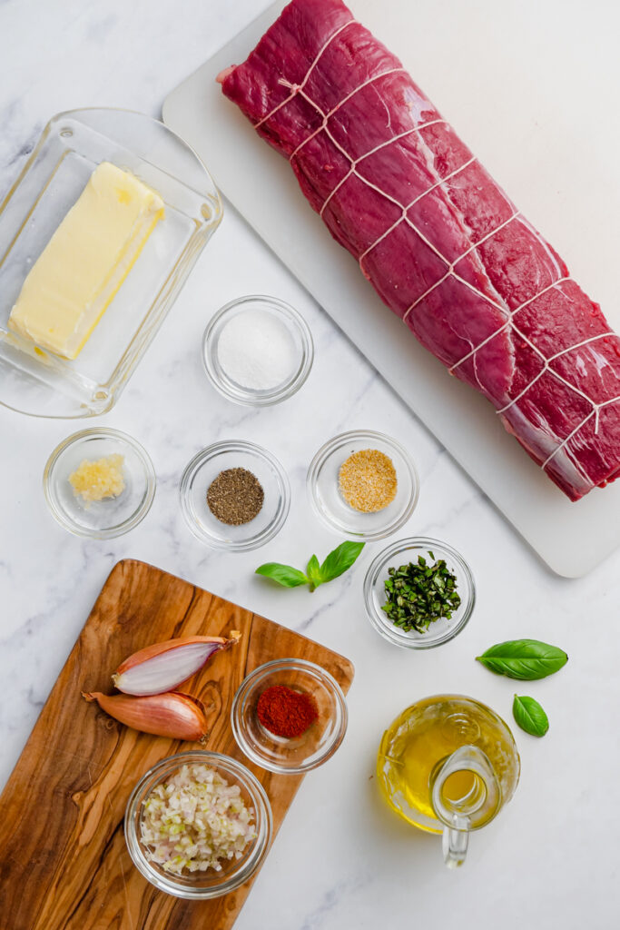 All the ingredients needed  to make roast beef tenderloin