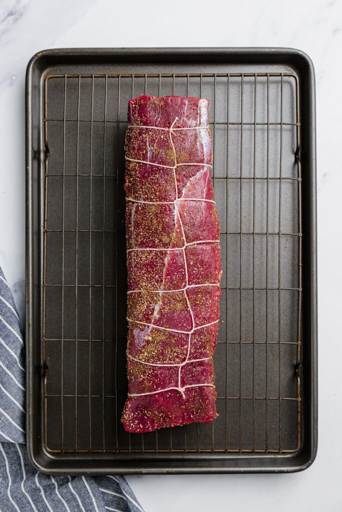 A prepped roast beef tenderloin