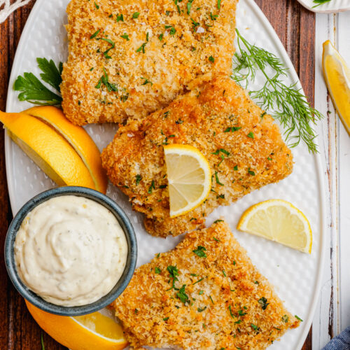 Oven fried fish on a platter