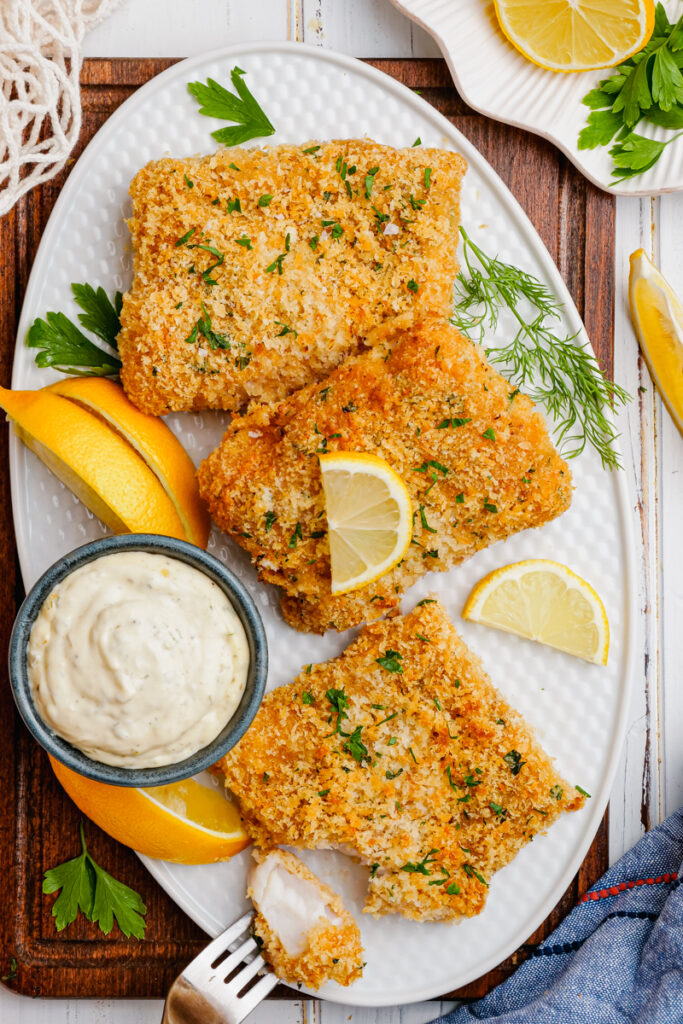 Oven fried fish on a platter