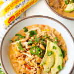 A bowl of white chicken chili cooked in the pressure cooker