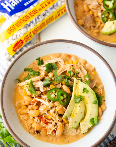 A bowl of white chicken chili cooked in the pressure cooker