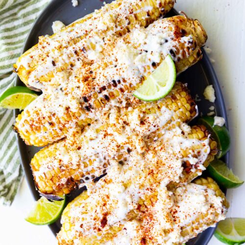 Elote- Mexican grilled street corn on a plate