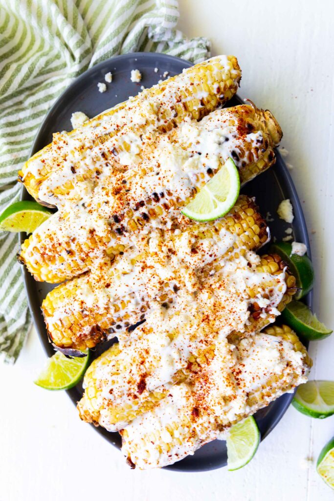 Elote- Mexican grilled street corn on a plate