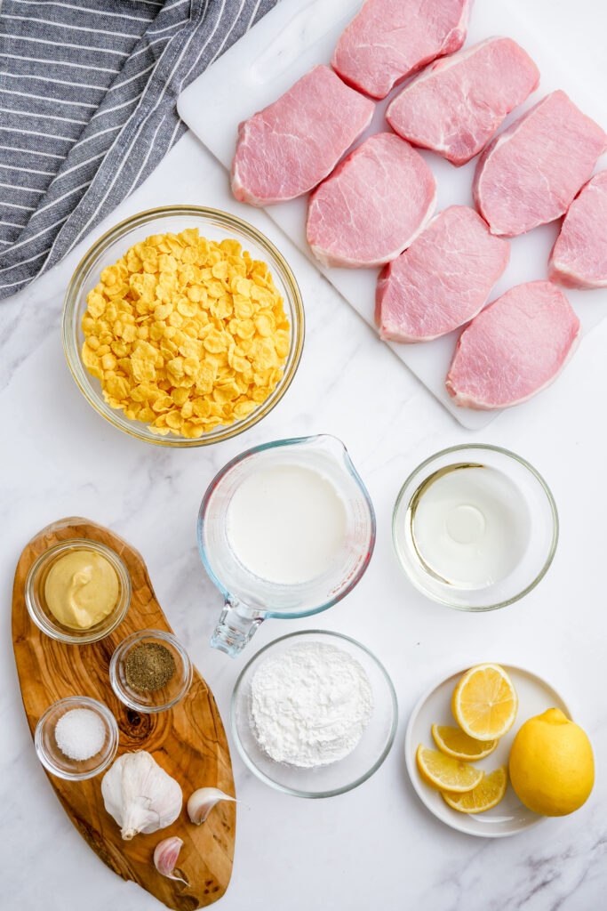 All the ingredients you need for breaded pork chops that are pan fried for a crispy outer coating and a tender, juicy interior. 