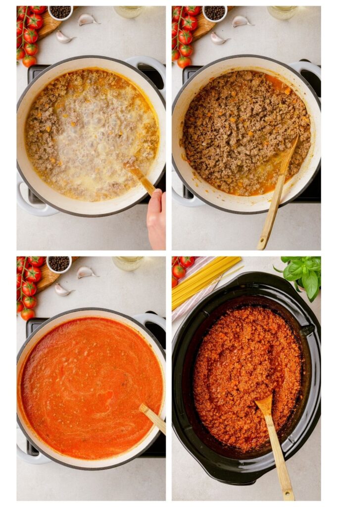 Making slow cooker bolognese, a delicious and rich sauce that cooks in the crock pot. 