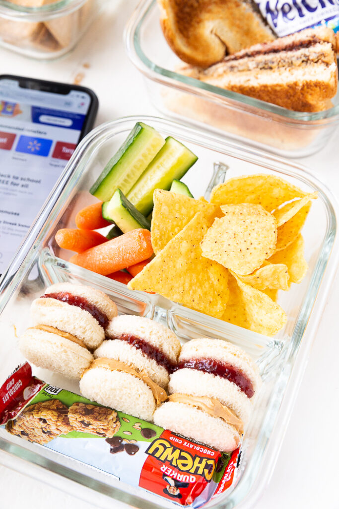 A lunchbox idea using peanut butter and jelly to make tea sandwiches