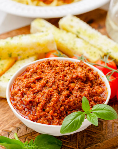 A bowl full of bolognese made in the slow cooker.