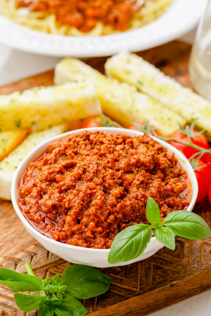 A bowl full of bolognese made in the slow cooker. 