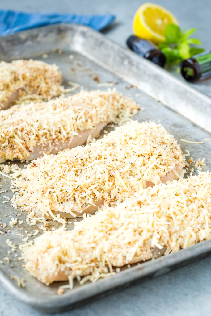Coated chicken before it is baked.