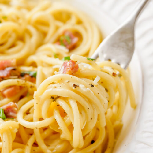 Carbonara, a fantastic pasta dish, in a white plate, and a fork.