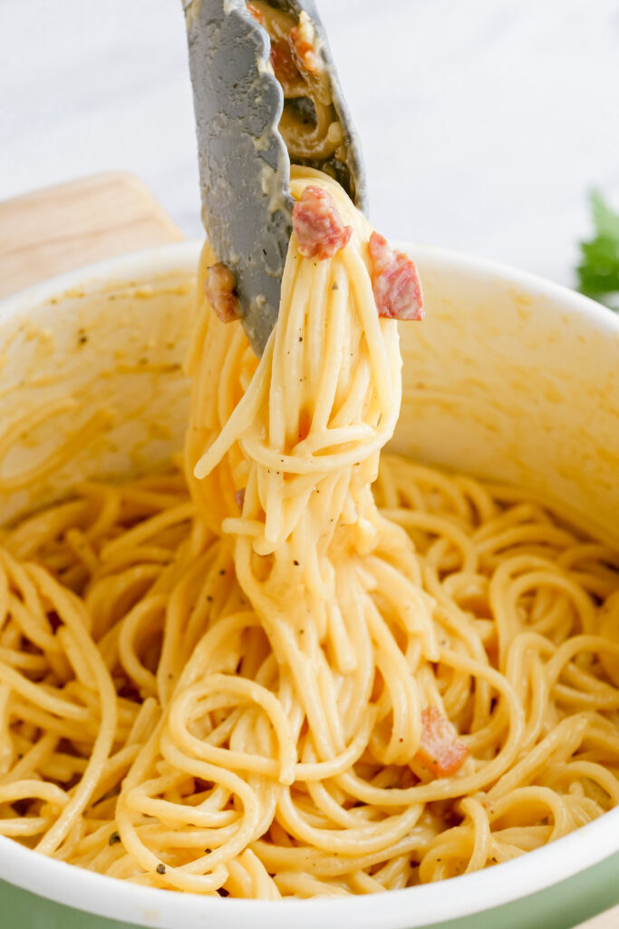 Carbonara mixed in a skillet