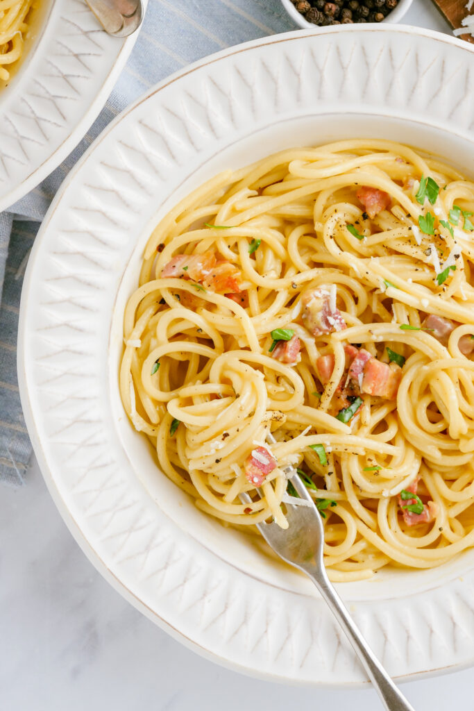 Carbonara is a delicious creamy pasta dish. 