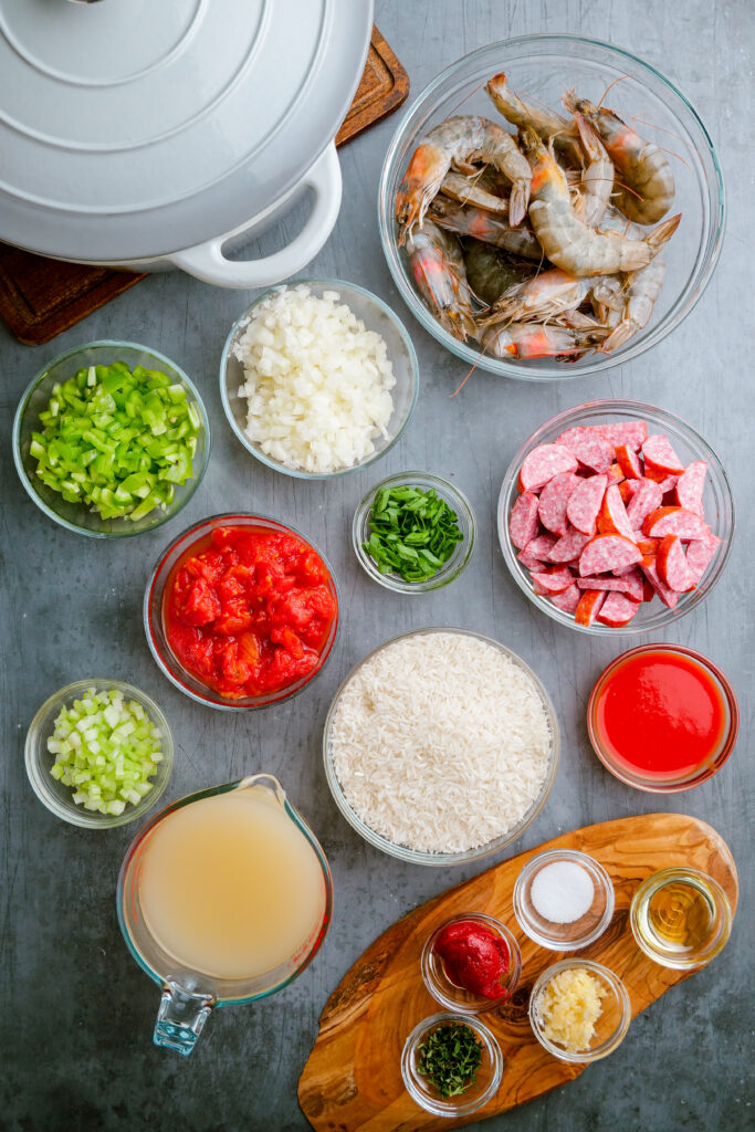 The ingredients you need for a flavorful shrimp jambalaya. 