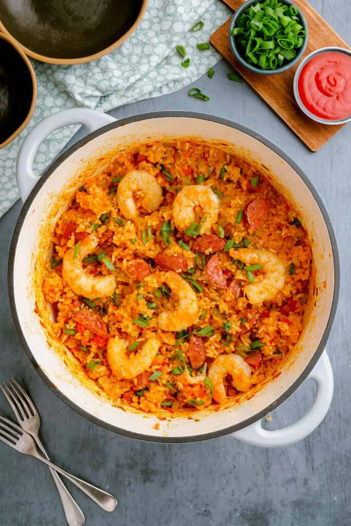 A pot of shrimp jambalaya