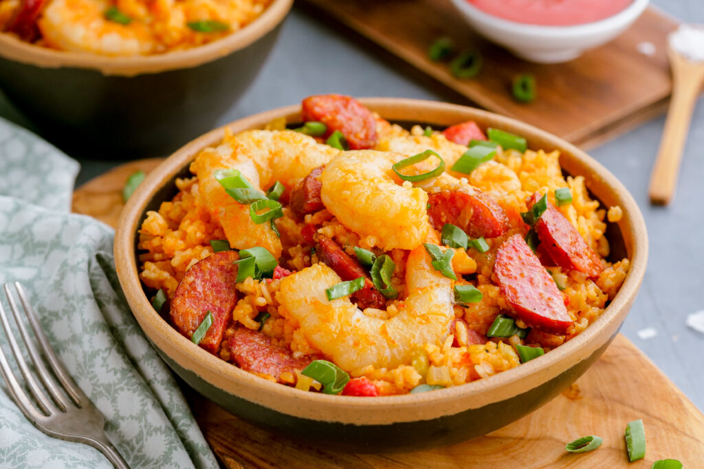 A bowl of delicious shrimp jambalaya