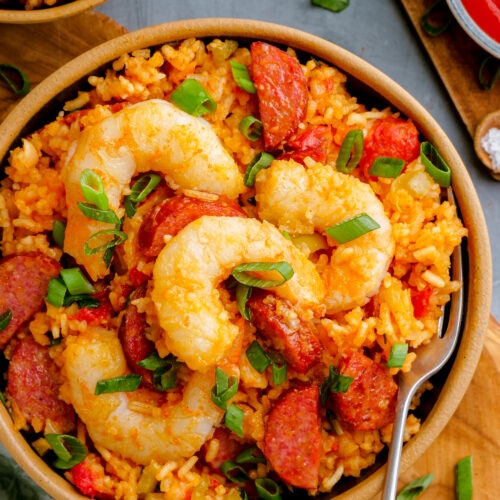 A bowl full of shrimp jambalaya