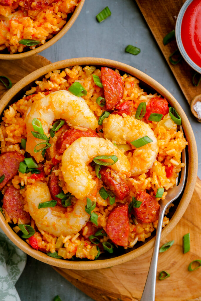 A bowl full of shrimp jambalaya