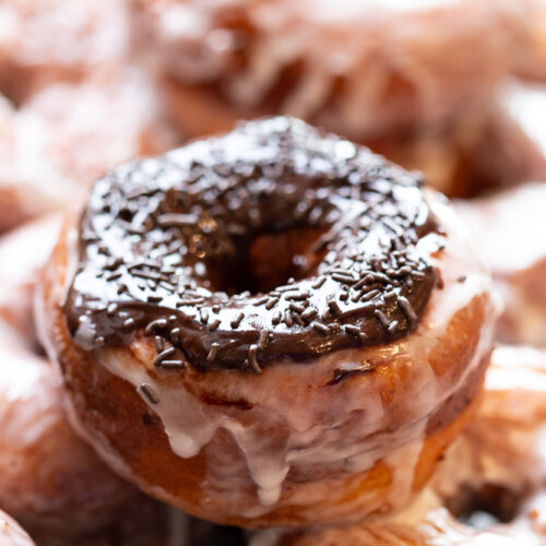 Sputnuts, or potato doughnuts are an easy homemade donut that is glazed and doused in chocolate