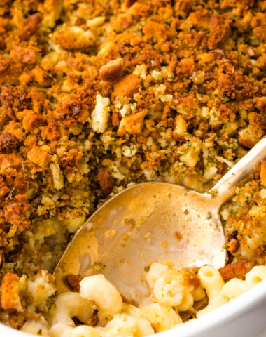 Cooked mac and cheese with stuffing topping